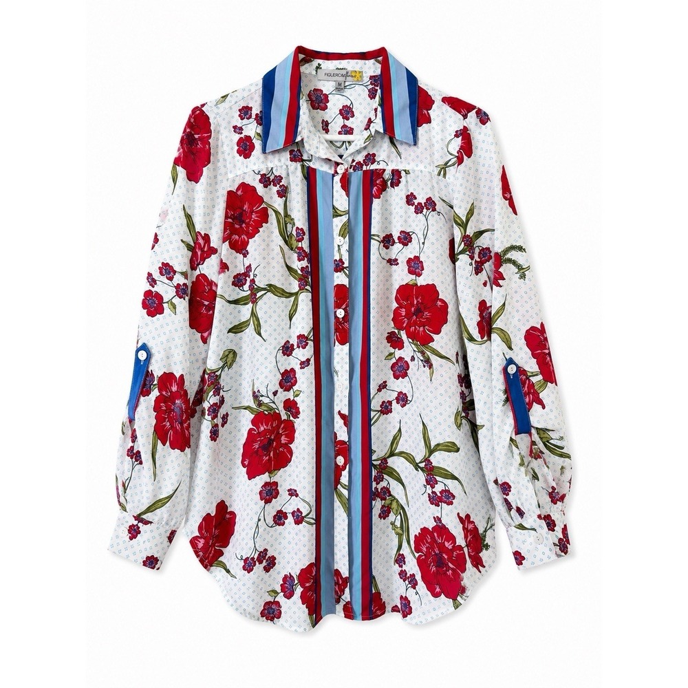 Figueroa & Flower Womens M Red Floral Blue Striped Roll Tab Button Up Blouse